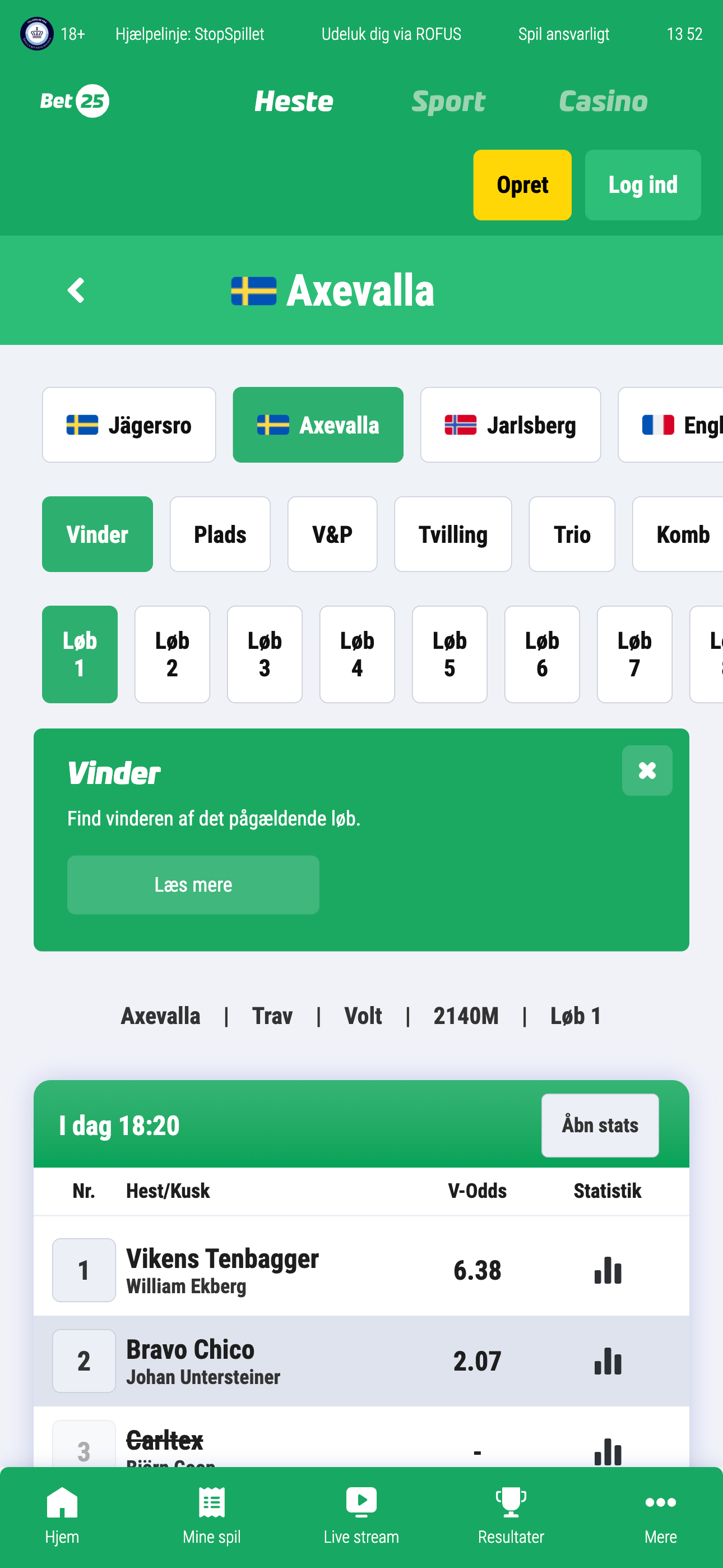 Billede der viser en et svensk løb, inde på Bet25 Heste appen.