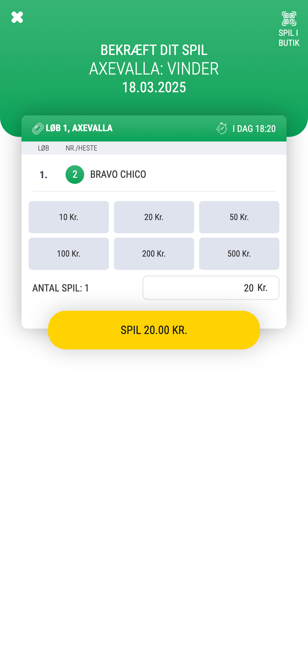 Billede der viser en der er ved at placere et spil i Bet25 appen.