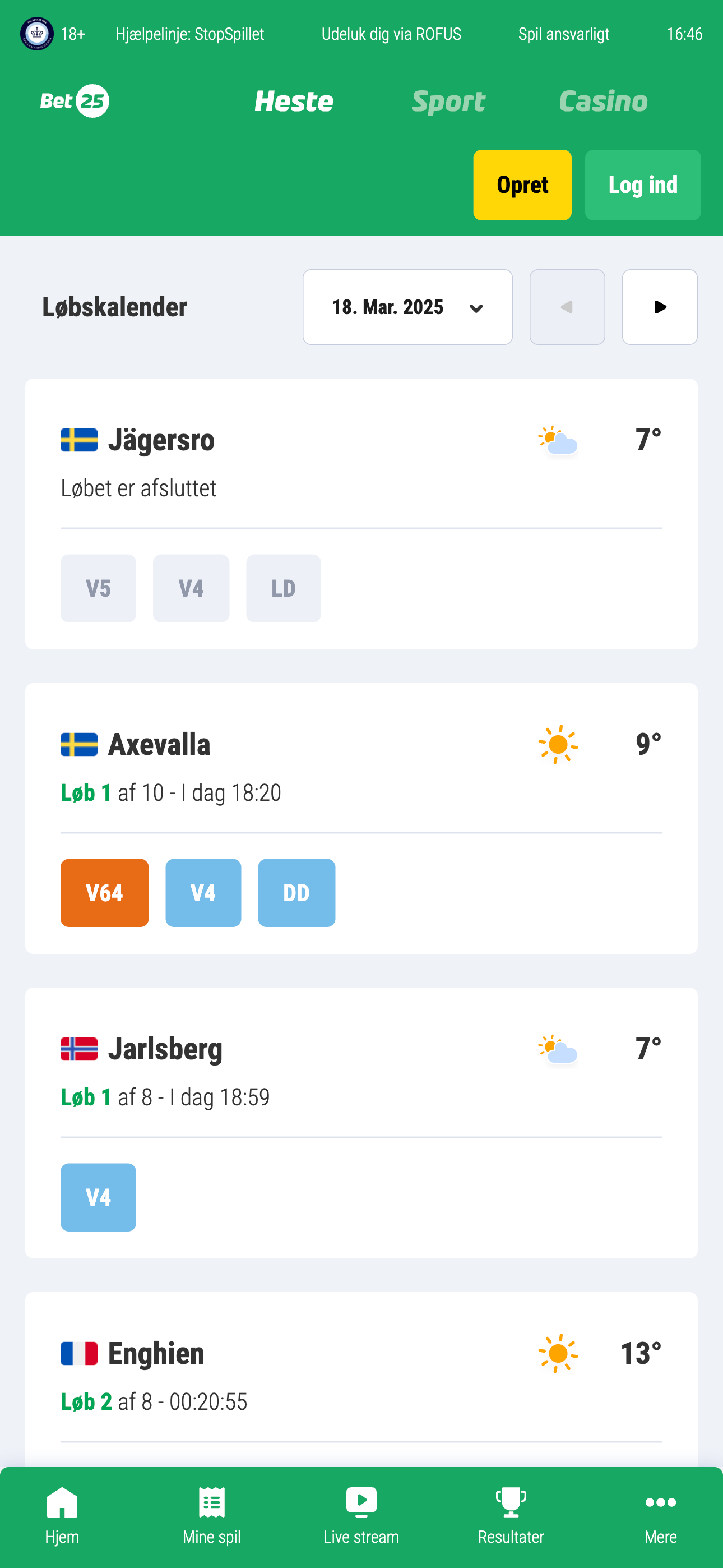 Billede der viser en løbskalender i Bet25 appen.
