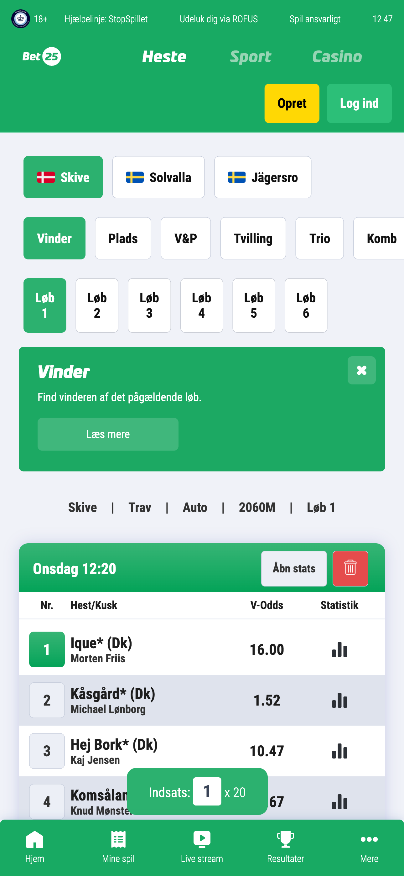 Billede der viser når man har markeret et løb, inde på Bet25 Heste appen.