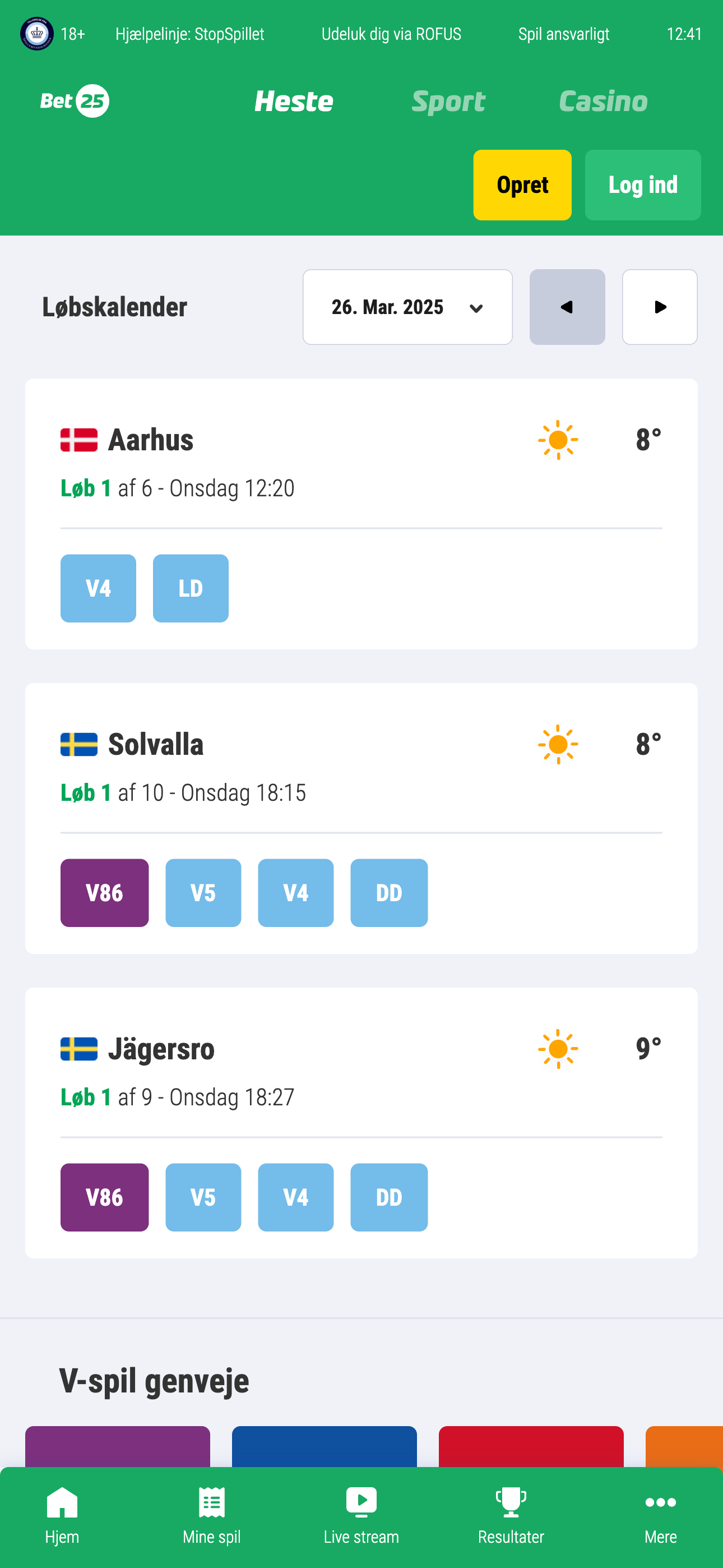 Billede der viser en løbskalender i Bet25 appen.