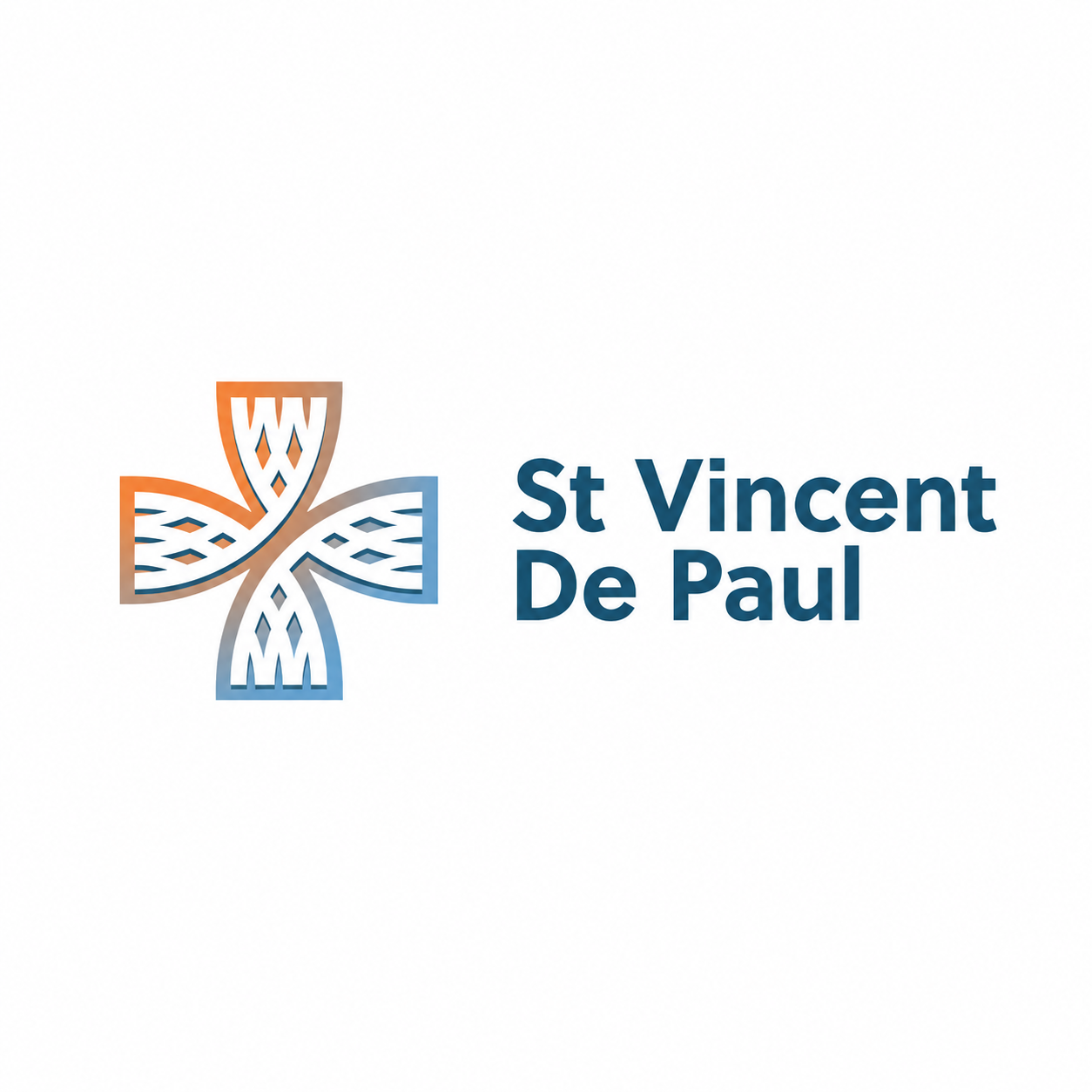 Logo of St Vincent de Paul featuring a stylized four-leaf clover design in orange and blue with the organization's name in navy blue text.