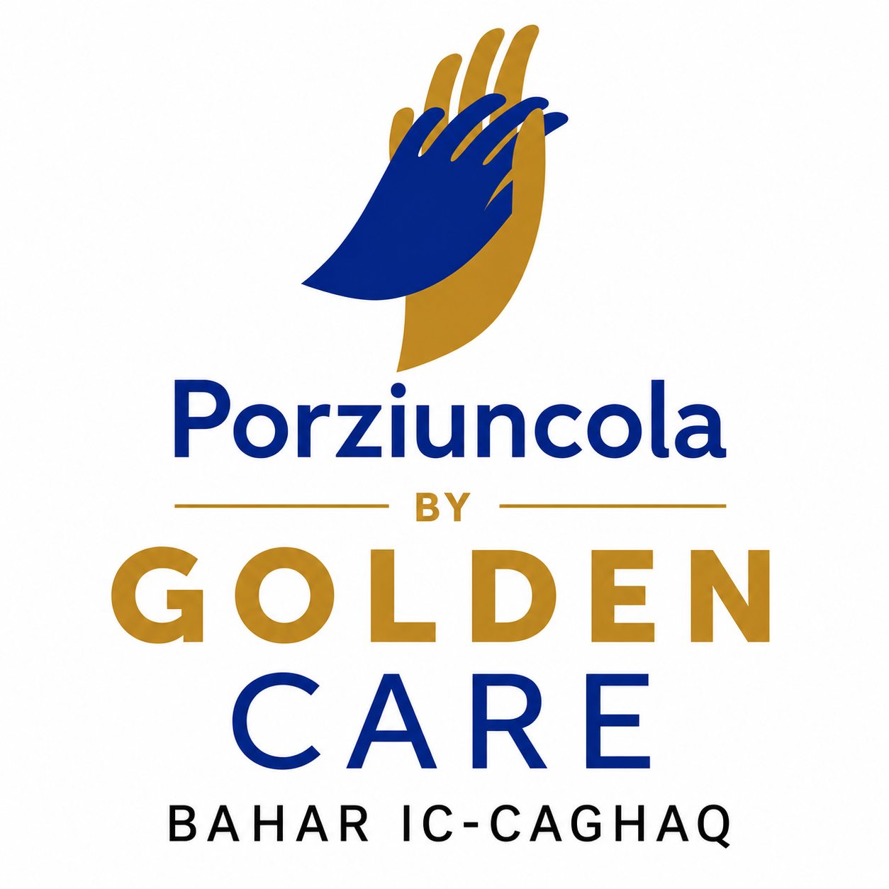 Logo with stylized hands in blue and gold and text 'Porziuncola by Golden Care Bahar IC-Caghq' in blue, gold, and black on a white background.