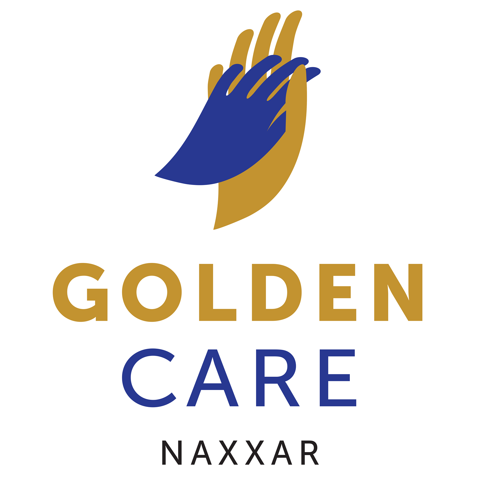 A logo with two hands, one gold and one dark blue, overlapping. Below the logo, the text reads 'GOLDEN CARE NAXXAR' with 'GOLDEN' in gold, 'CARE' in dark blue, and 'NAXXAR' in black.