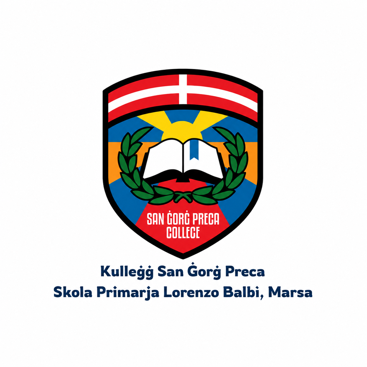 School emblem with flag, open book, laurel wreath, and the text 'San Gorg Preca College' and 'Kullegg San Gorg Preca Skola Primarja Lorenzo Balbi, Marsa' in Maltese.