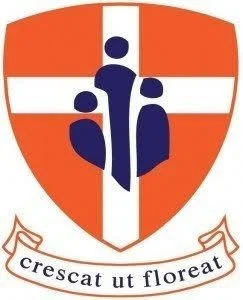 A shield-shaped emblem with an orange background and white cross, featuring three stylized blue figures and the Latin phrase 'crescat ut floreat' on a banner below.