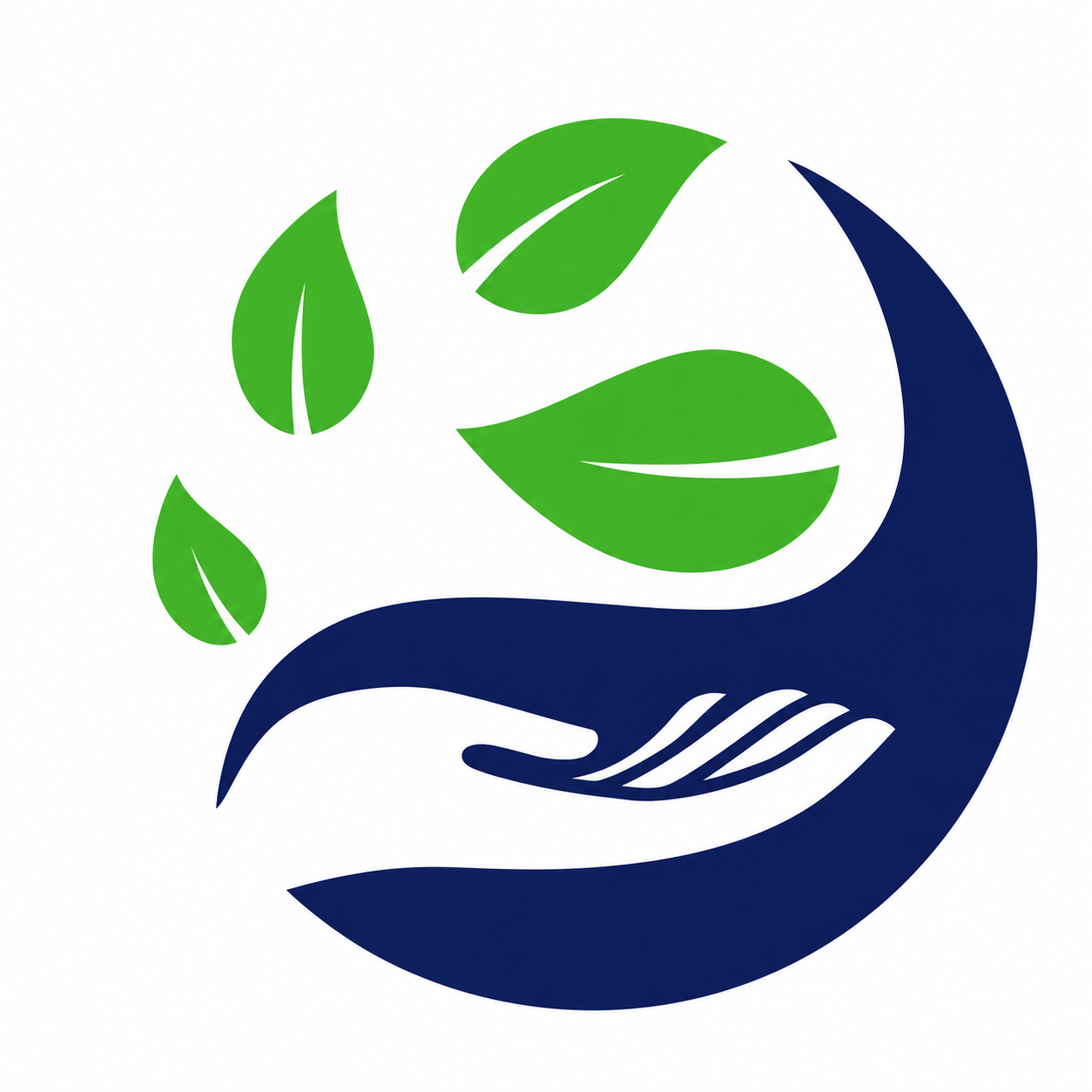 Circle with green leaves being held by a stylized hand, symbolizing environmental care and sustainability.