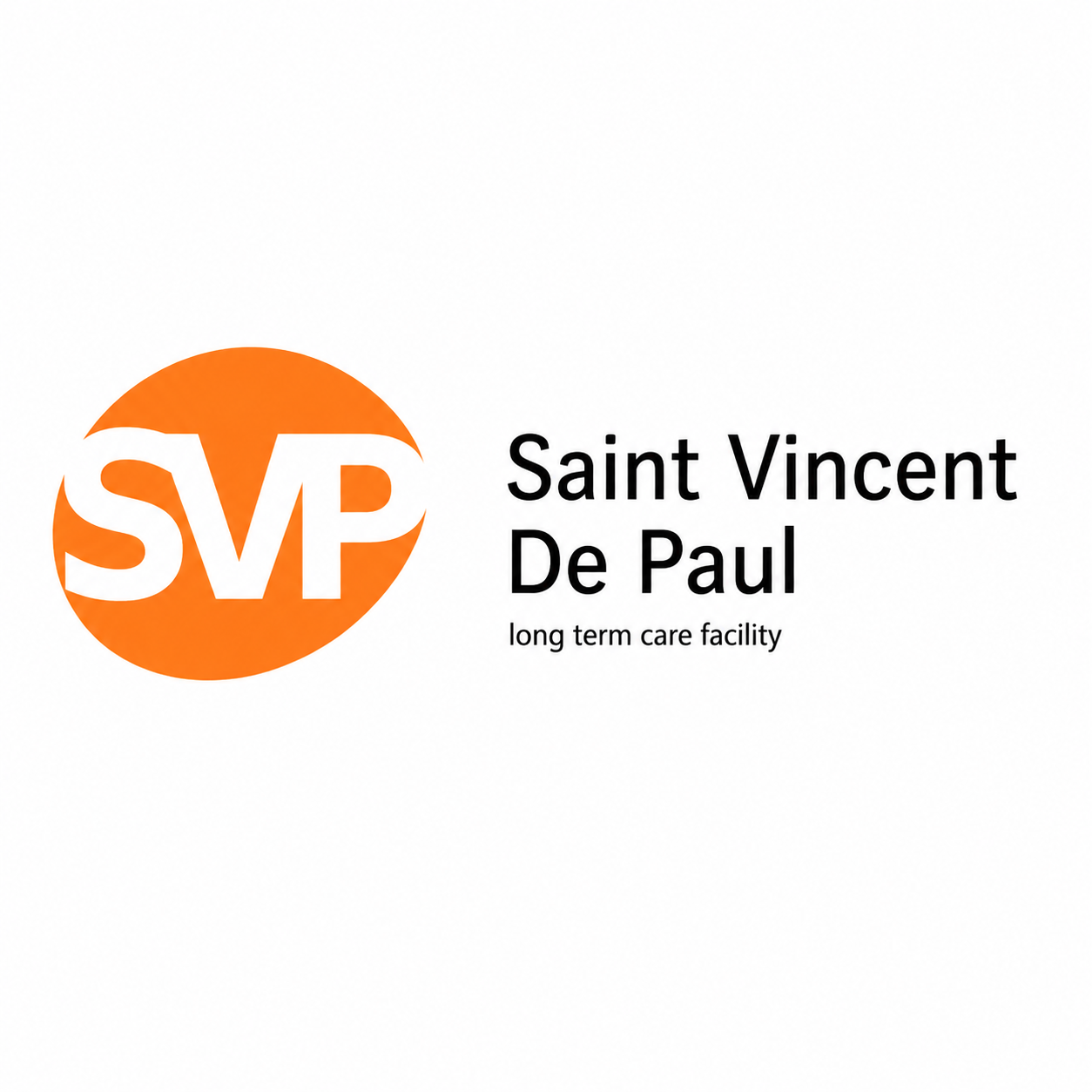 Logo for Saint Vincent De Paul Long Term Care Facility featuring an orange circle with white letters 'SVP' and black text next to it.