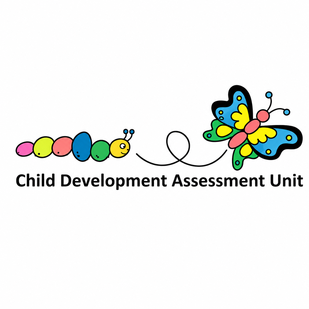 Colorful caterpillar and butterfly illustration with text "Child Development Assessment Unit".
