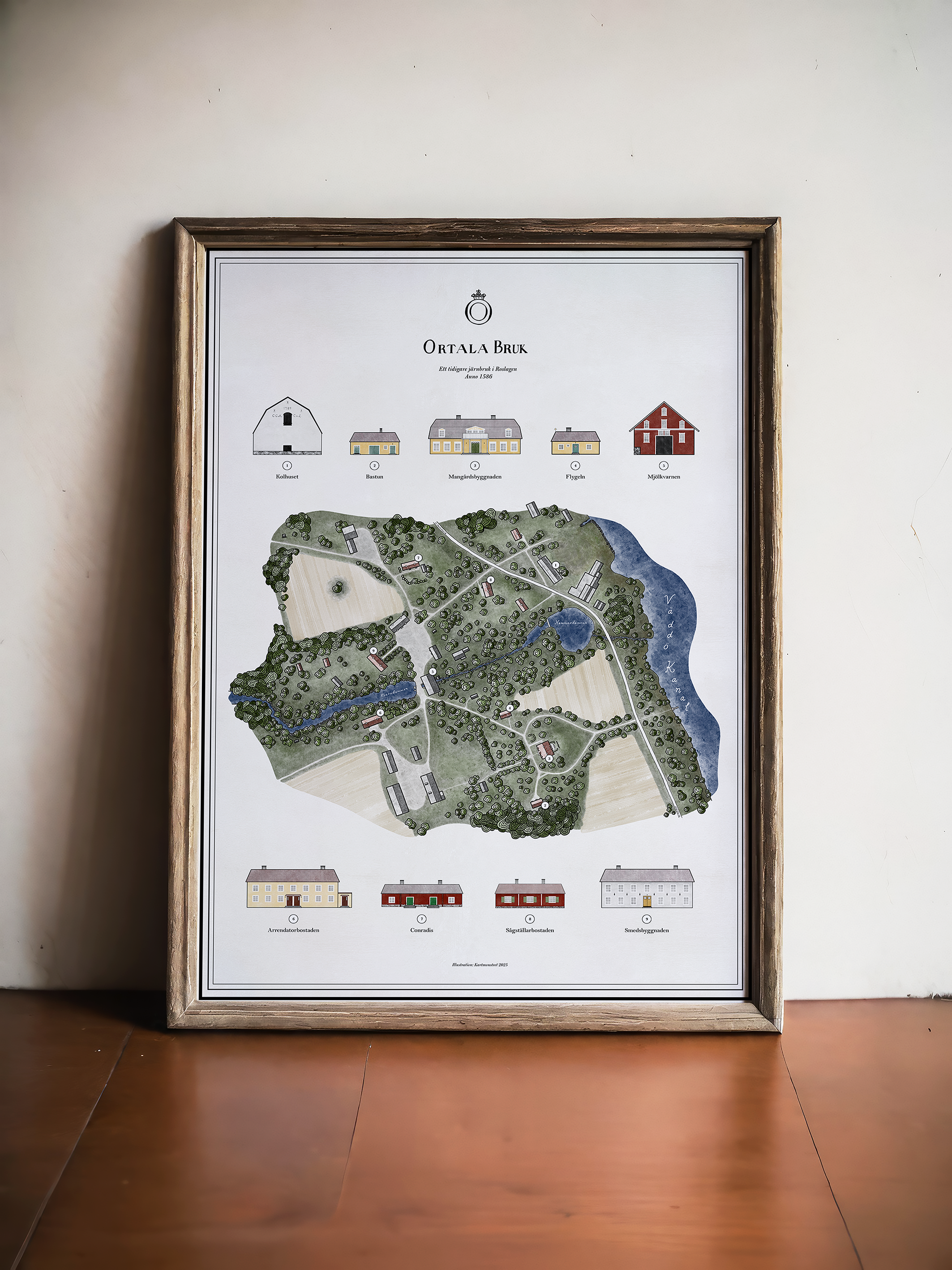 Översiktskarta över Ortala Bruk med olika byggnader och symboler, inklusive en storgård, bostadshus och funktioner som tillhör bruksmiljön, samt illustrationer av byggnader längst ned.