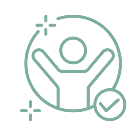 Illustration of a stylized person with raised arms inside a circle, accompanied by a check mark and sparkle symbols, indicating success or achievement.