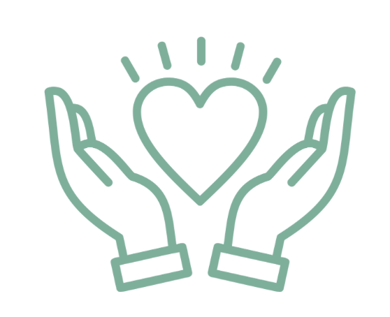 Icon of hands holding a heart with surrounding rays, symbolizing care or love.