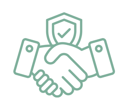 Line drawing of two hands shaking with a shield and checkmark above.
