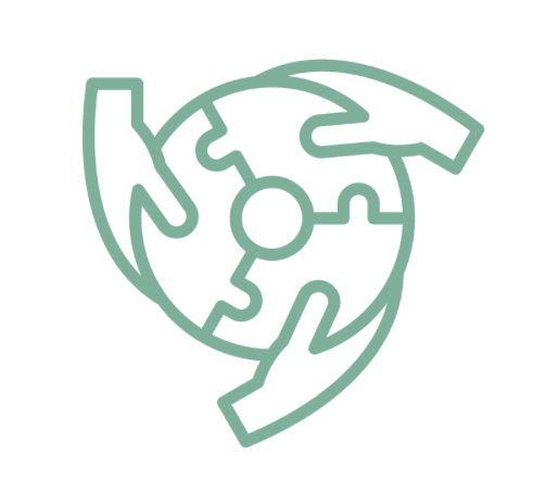 Three hands forming a circle around a globe symbol.