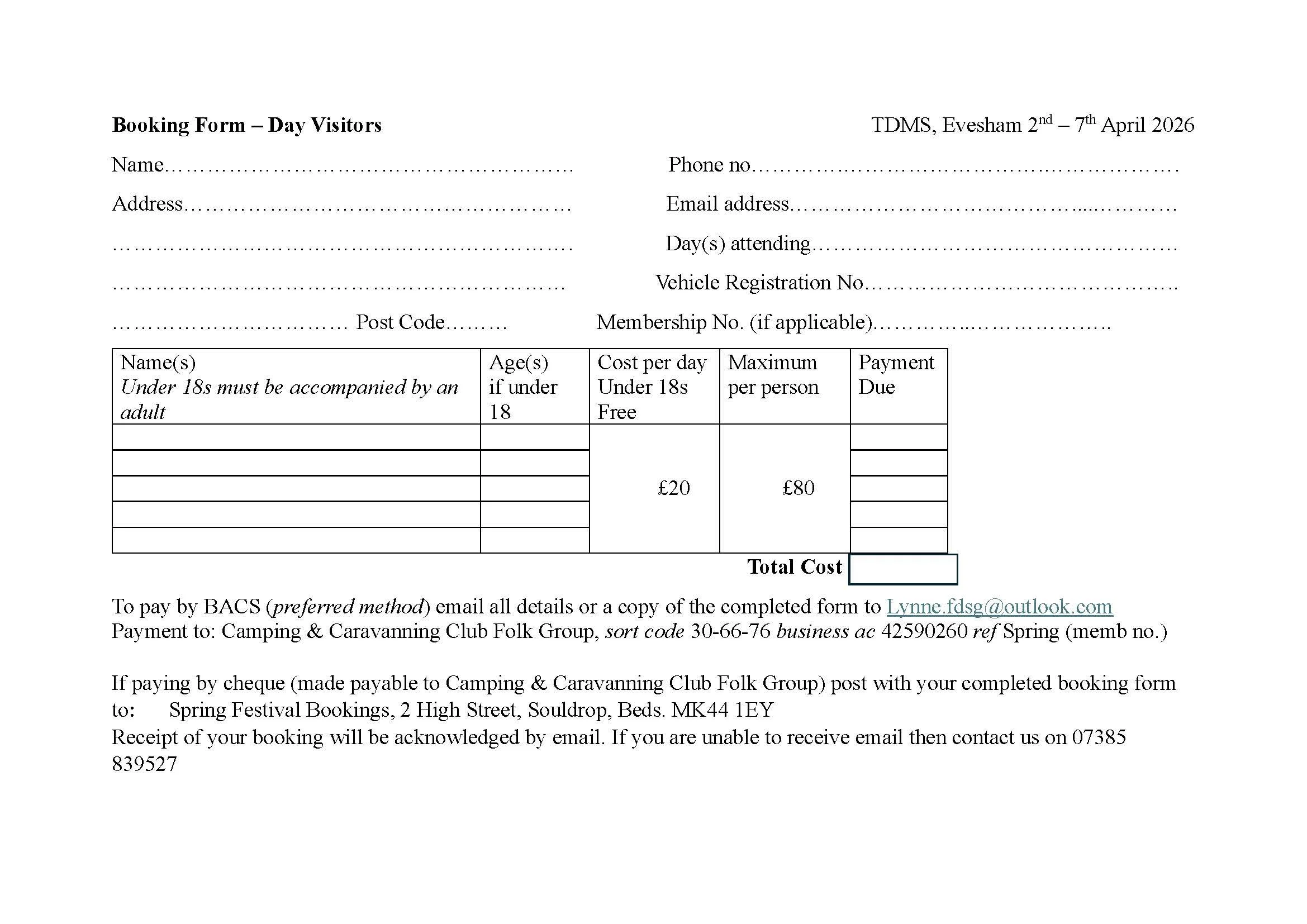 booking form Day Visitors