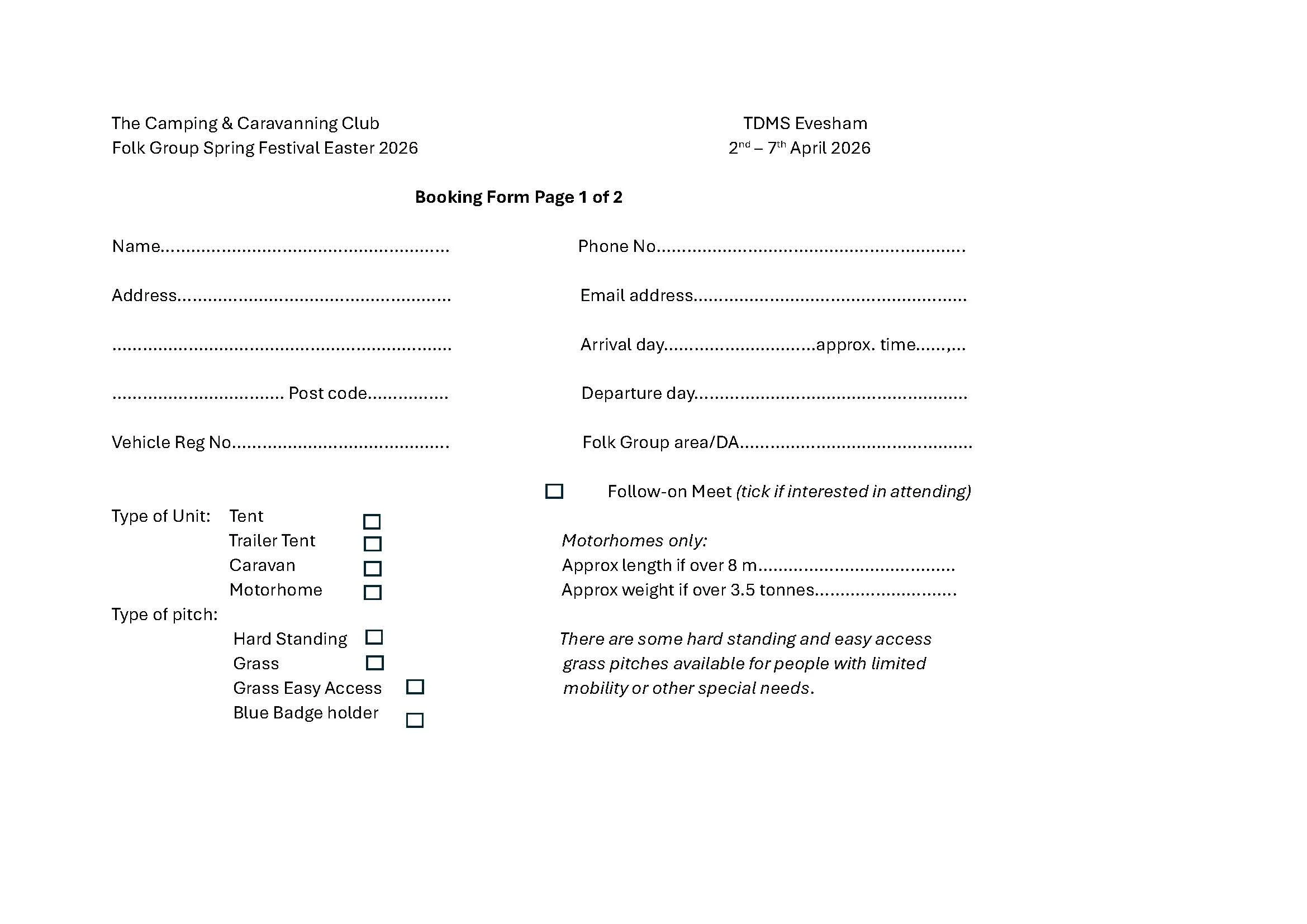 booking form Camping page 1 of 2