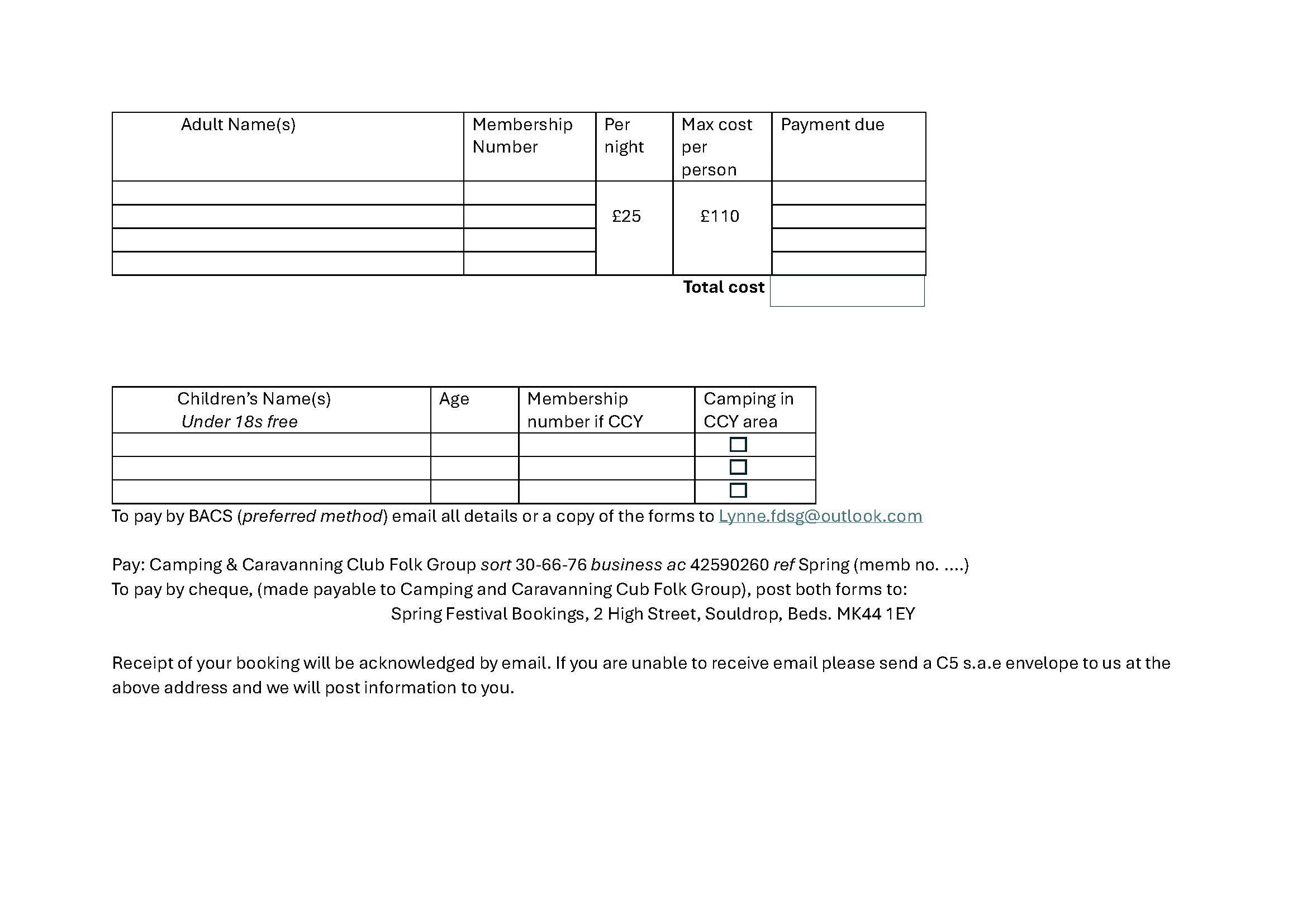 booking form Camping page 2 of 2