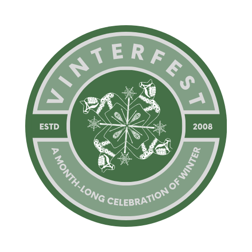 A circular green logo with white text that says "Vinterfest" at the top and "a month-long celebration of winter" at the bottom. The logo has snowflakes and decorated insects arranged in a flower pattern in the center, with "ESTD 2008" on either side.