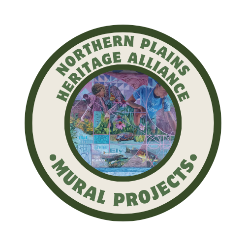Emblem for the Northern Plains Heritage Alliance Mural Projects, featuring a circular design with an illustration of people working on a mural.