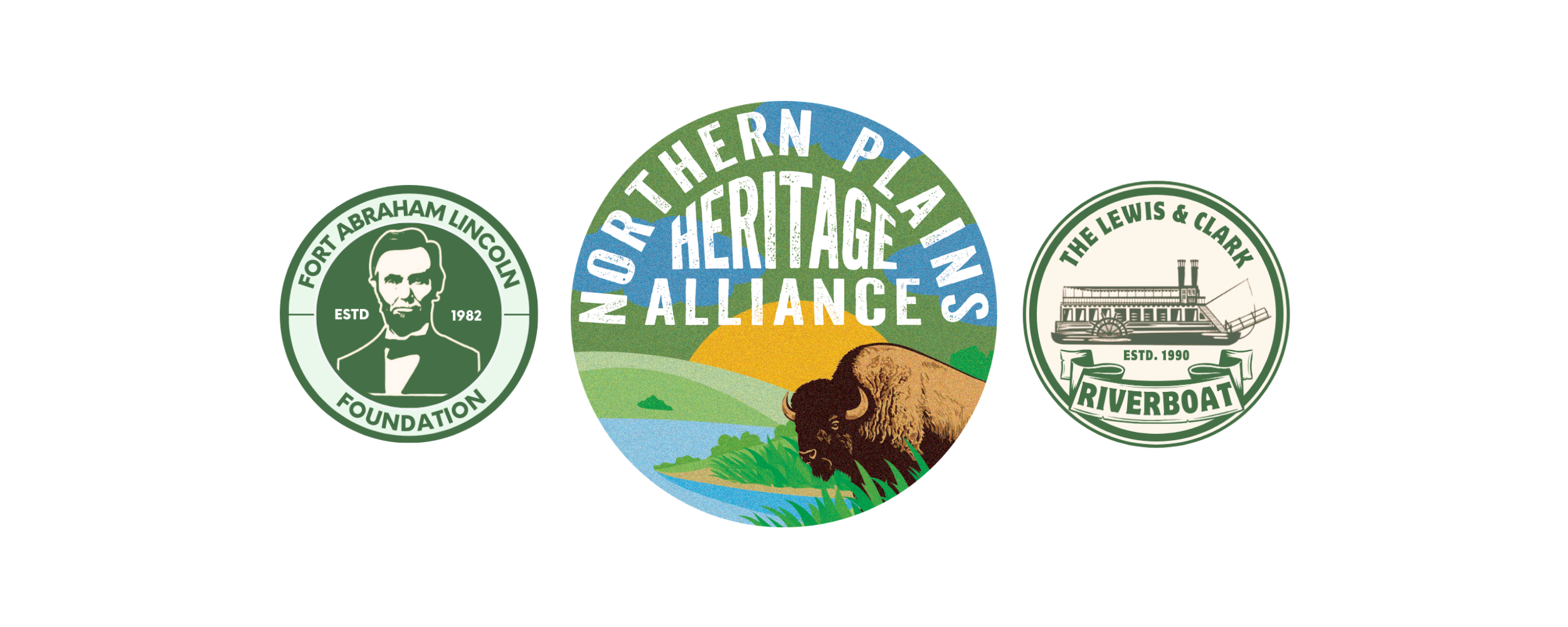 Logos of the Fort Abraham Lincoln Foundation, Missouri River Heritage Alliance, and the Lewis & Clark Riverboat, with a central emblem featuring a buffalo, a sunset, and the text 'Missouri River in State Heritage Alliance'.