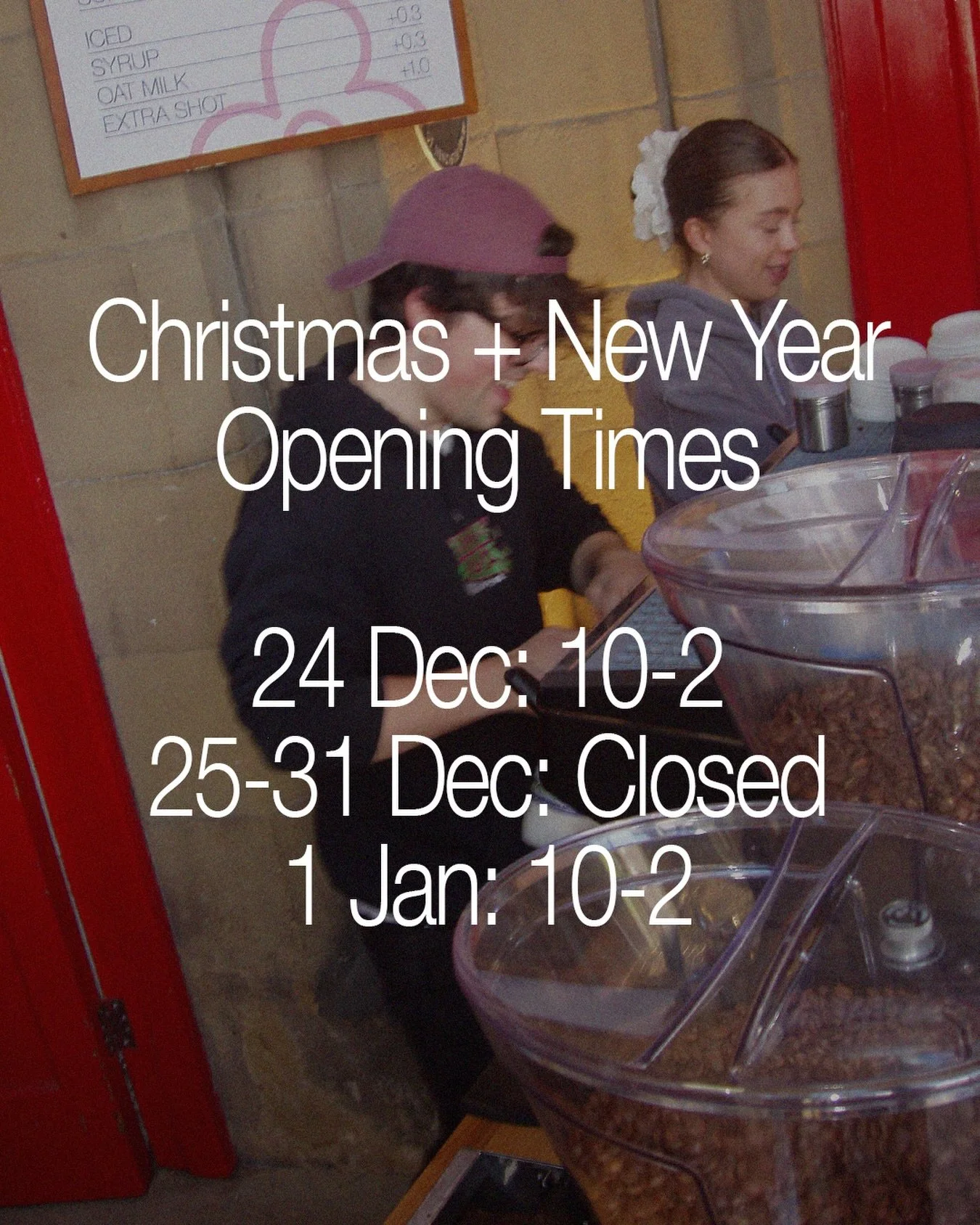 We&rsquo;ll be open as normal until 23 Dec, followed by a shorter day on Christmas Eve and then closed for a week as we get some R&amp;R. Back open for a short day on New Year&rsquo;s Day, then back to normal on 2 Jan ✌️