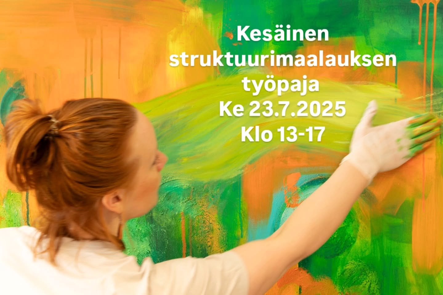 Viel&auml; muutama mahtuu mukaan! 
Ilmoittaudu Struktuurimaalauksen ty&ouml;pajaan!
Laita minulle viesti&auml; tai s&auml;hk&ouml;postia taidestudiomiettinen@gmail.com.

Mukaan mahtuu 6 osallistujaa.
Ty&ouml;pajan hinta 50&euro;/hl&ouml; (sis. Alv, m