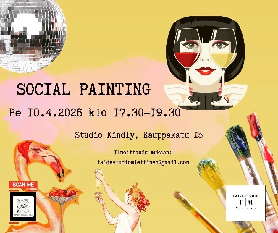 T&auml;n&auml;&auml;n perjantaina! 🥳

🎨 Social Painting &ndash; maalaa omalla tavallasi

Ei tarvitse p&auml;&auml;tt&auml;&auml; oletko enemm&auml;n Pablo Picasso vai oman polun kulkija.

T&auml;ss&auml; illassa saat tehd&auml; juuri niin kuin hyv&