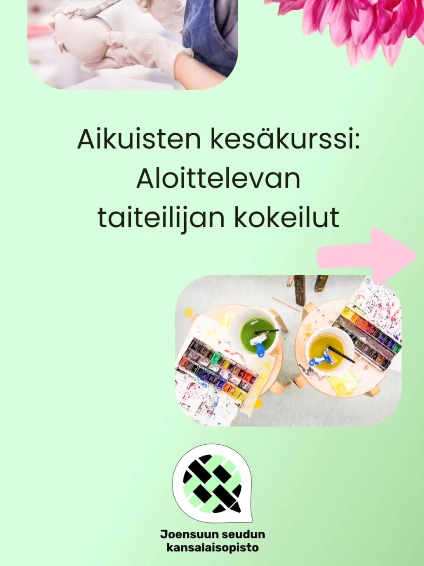 Aikuisten oma taidekurssi, jossa voit kokeilla erilaisia taiteenmenetelmi&auml; rennossa ilmapiiriss&auml;. Nelj&auml;n kerran kurssilla kokeilemme keramiikan, akryylimaalauksen ja painamisen perusteita.

Taidehetki antaa tilaa luovuudelle, kokeiluil