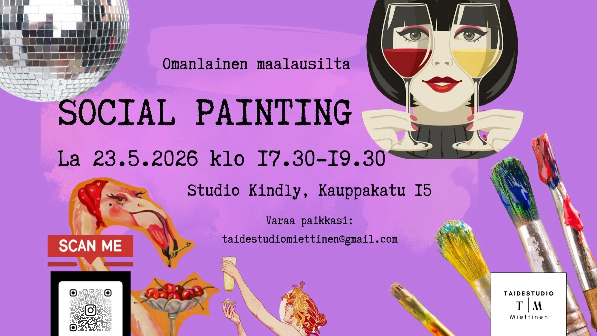 Kolme paikkaa j&auml;ljell&auml; maalausiltaan! 

Social painting on nimens&auml; mukaisesti sosiaalinen tilaisuus, jossa voi pohjois-karjalaiseen tapaan antaa puhevirran, naurun tai vaikka laulun kuulua, jopa ylty&auml; tanssiksi! Samalla maalataan 