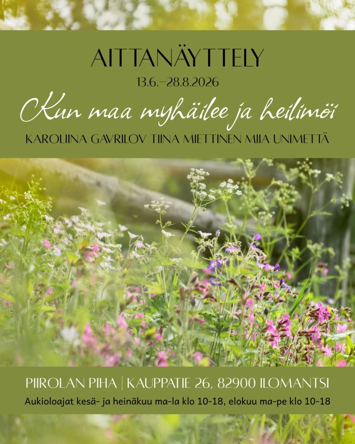 Tervetuloa taiden&auml;yttelyn avajaisiin lauantaina 13.6.2026 klo 12 Piirolan Pihaan, Kauppatie 26, Ilomantsi

Versoo 

Kohti korkeuksia kurkottaa
Huojuu tuulessa lempe&auml;ss&auml;
Myrskyss&auml; illan h&auml;m&auml;r&auml;ss&auml; 
Antautuu hetke