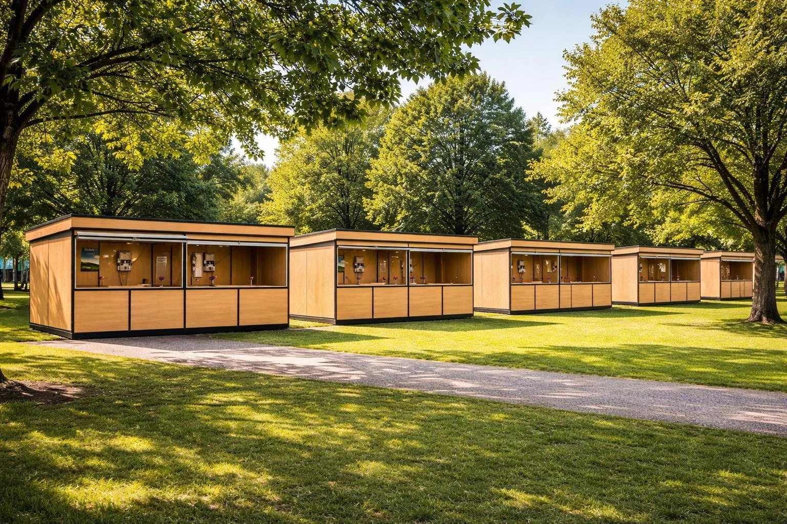 Casas de telhado plano de madeira em um parque com árvores verdes ao fundo, no dia ensolarado.