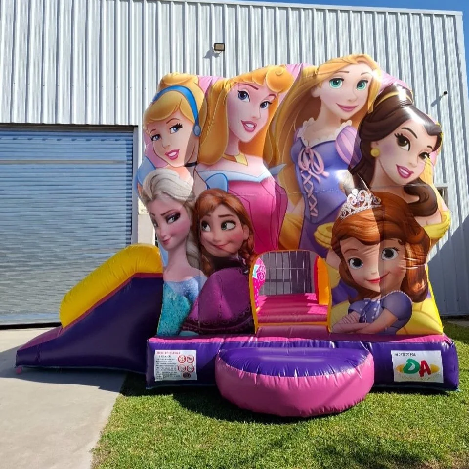 Escorregador inflável com personagens da Disney, incluindo princesas como Cinderela, Aurora, Bela, Elsa, e outros.
