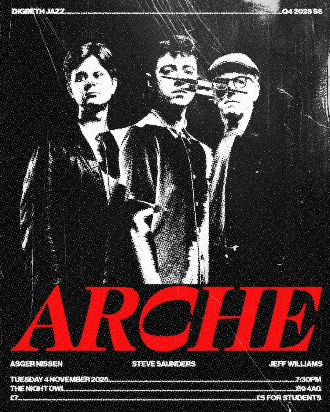 ARCHE / DIGBETH JAZZ Q4 2025 S5 / 4 NOV 2025 7:30PM / THE NIGHT OWL

UK guitarist Steve Saunders (Xhosa Cole, Paul Dunmall) and Berlin-based saxophonist Asger Nissen present&nbsp;arche (ar-kay), a bass-less&nbsp;trio&nbsp;featuring legendary New York