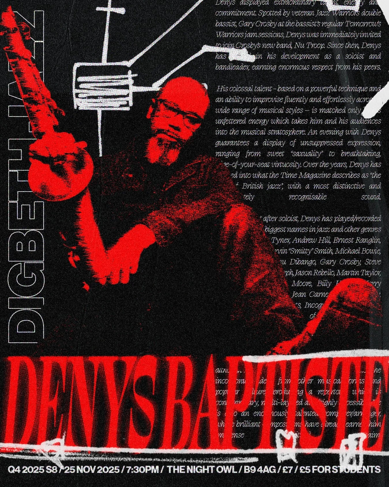 DENYS BAPTISTE TRIO | DIGBETH JAZZ Q4 S8 | TUESDAY 25 NOVEMBER 2025 | 7:30PM | THE NIGHT OWL | B9 4AG

Born in London in 1969 to St Lucian parents, Denys began studying music at 13 and trained at Brunel University and the Guildhall School of Music un