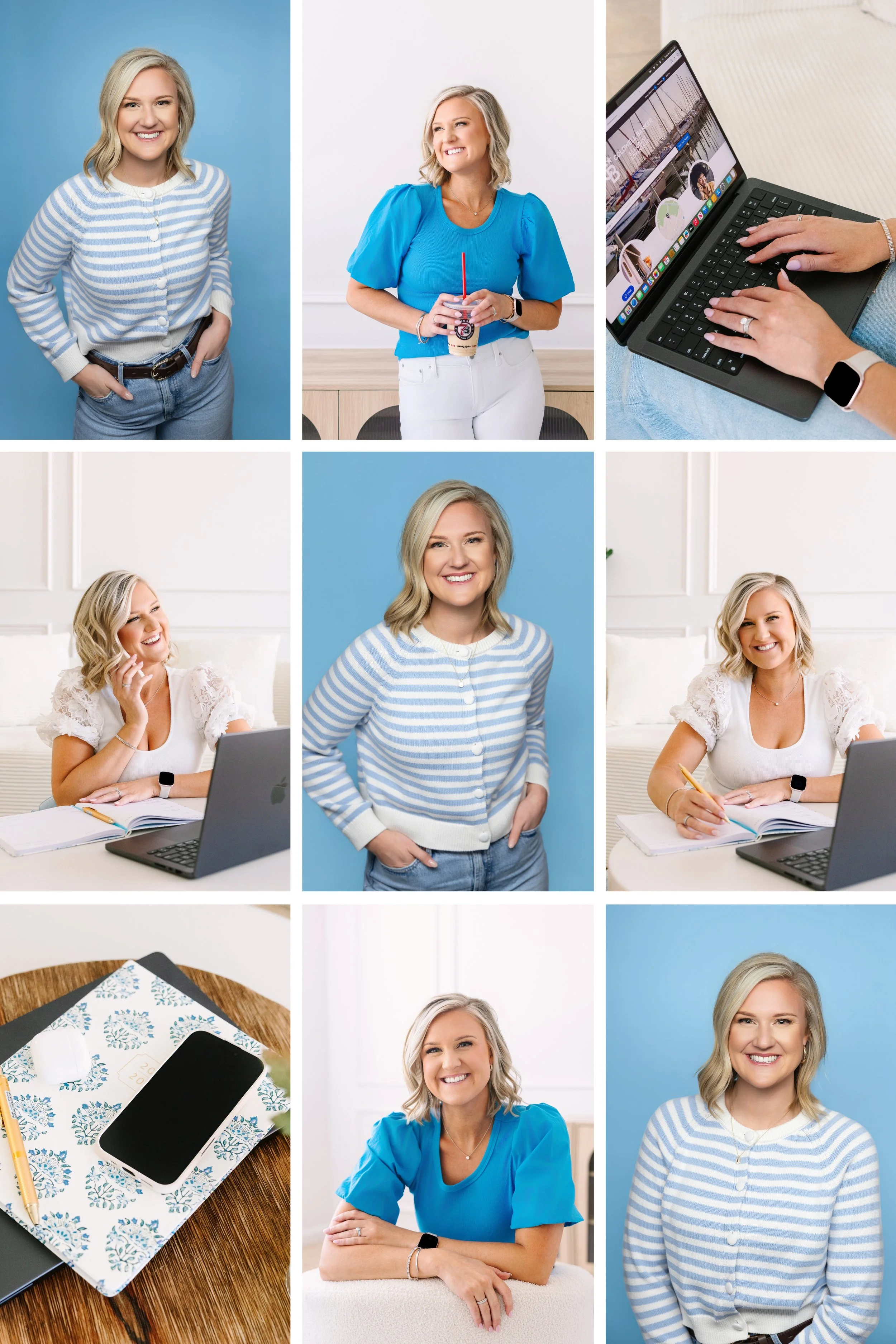 Smiling women in various poses, with long bob blond hair capturing beauty and essence in timeless, artful images by Storm Pierre Photography in Jacksonville, Richlands, Hampstead, and Sneads Ferry North Carolina