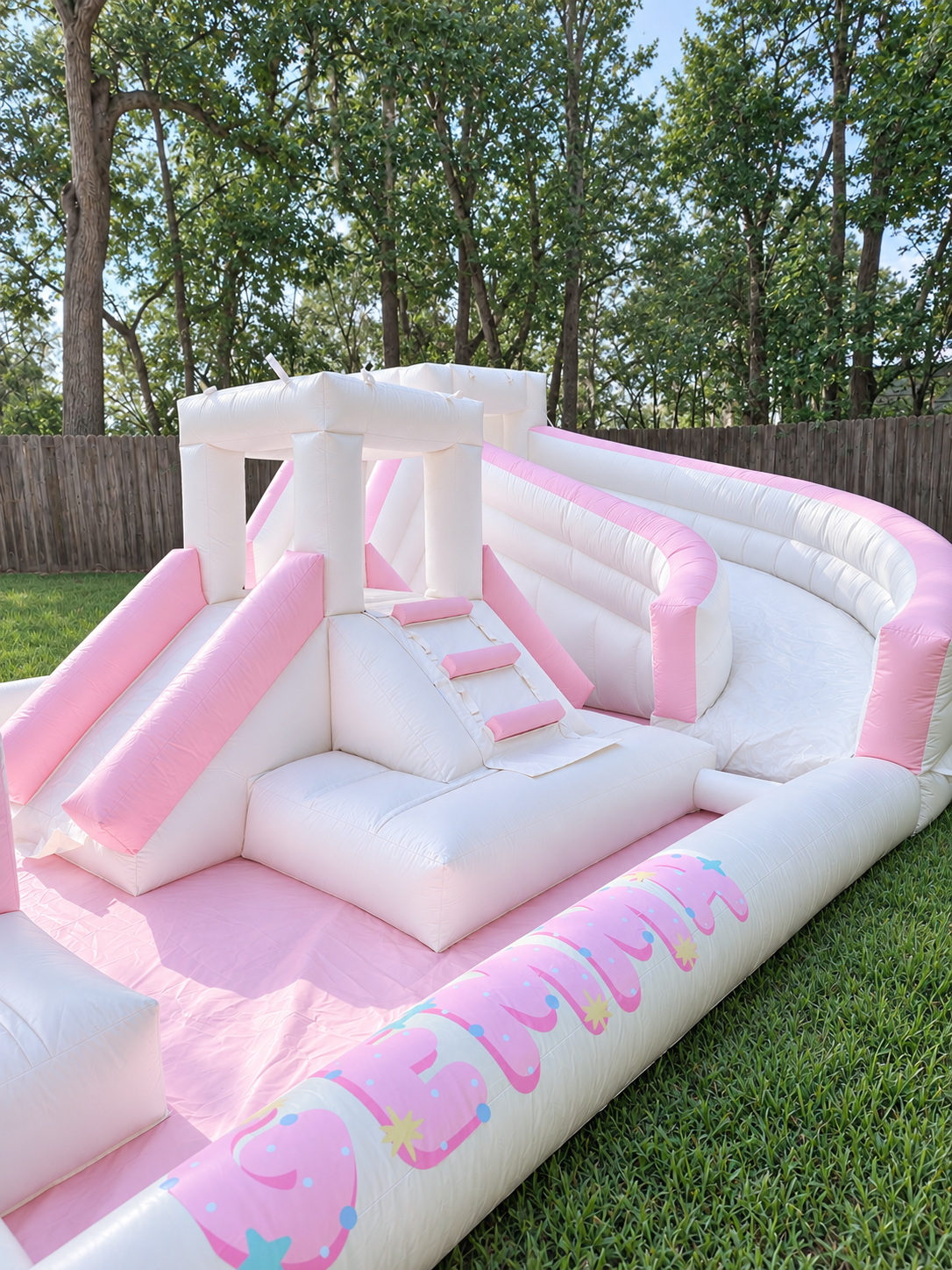 Pink and white inflatable bounce house with a slide, set up on a grassy yard with a wooden fence and green trees in the background.
