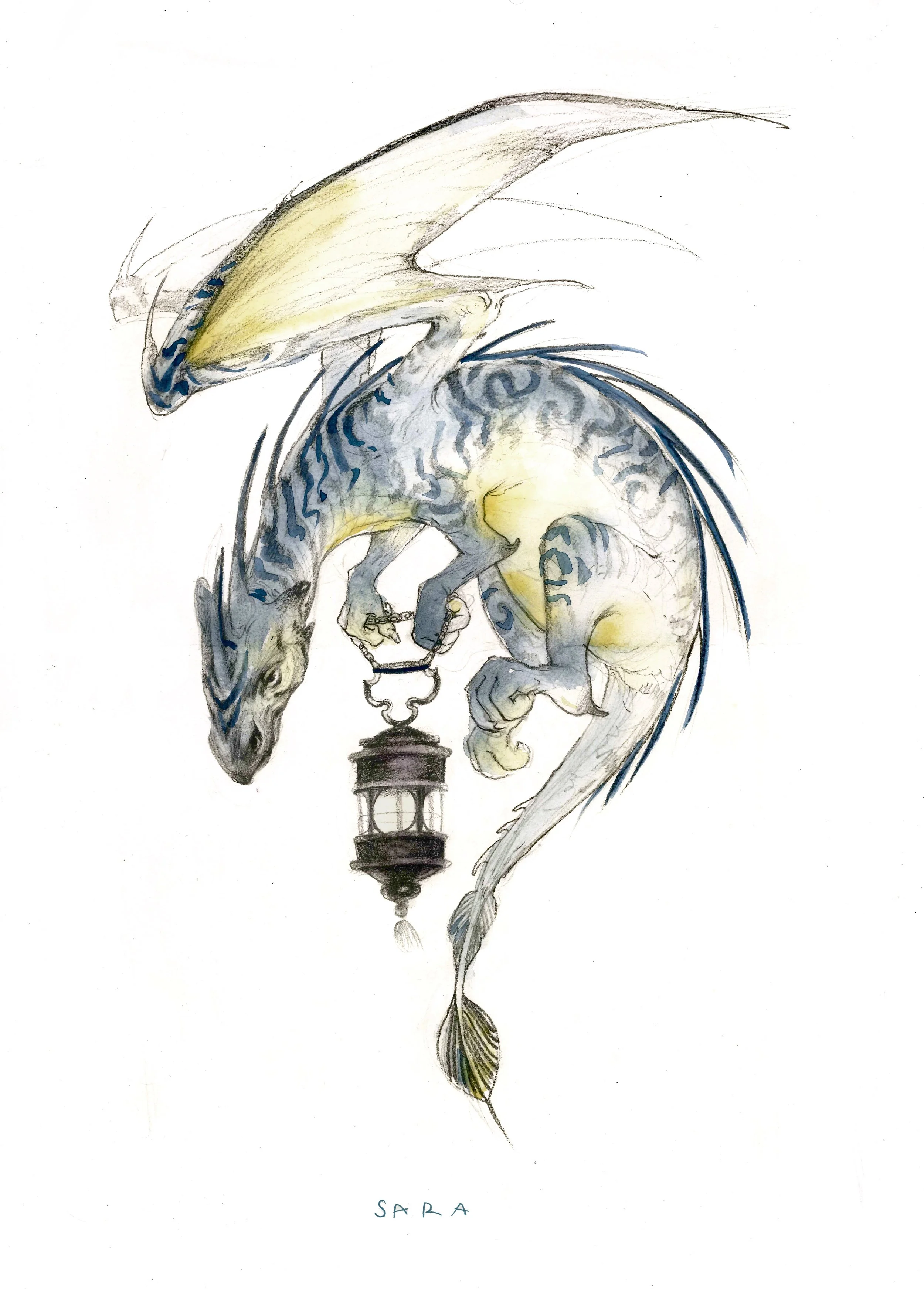 Dragón volador sosteniendo un farol con una garra, diseño fantástico en tonos azul y amarillo.