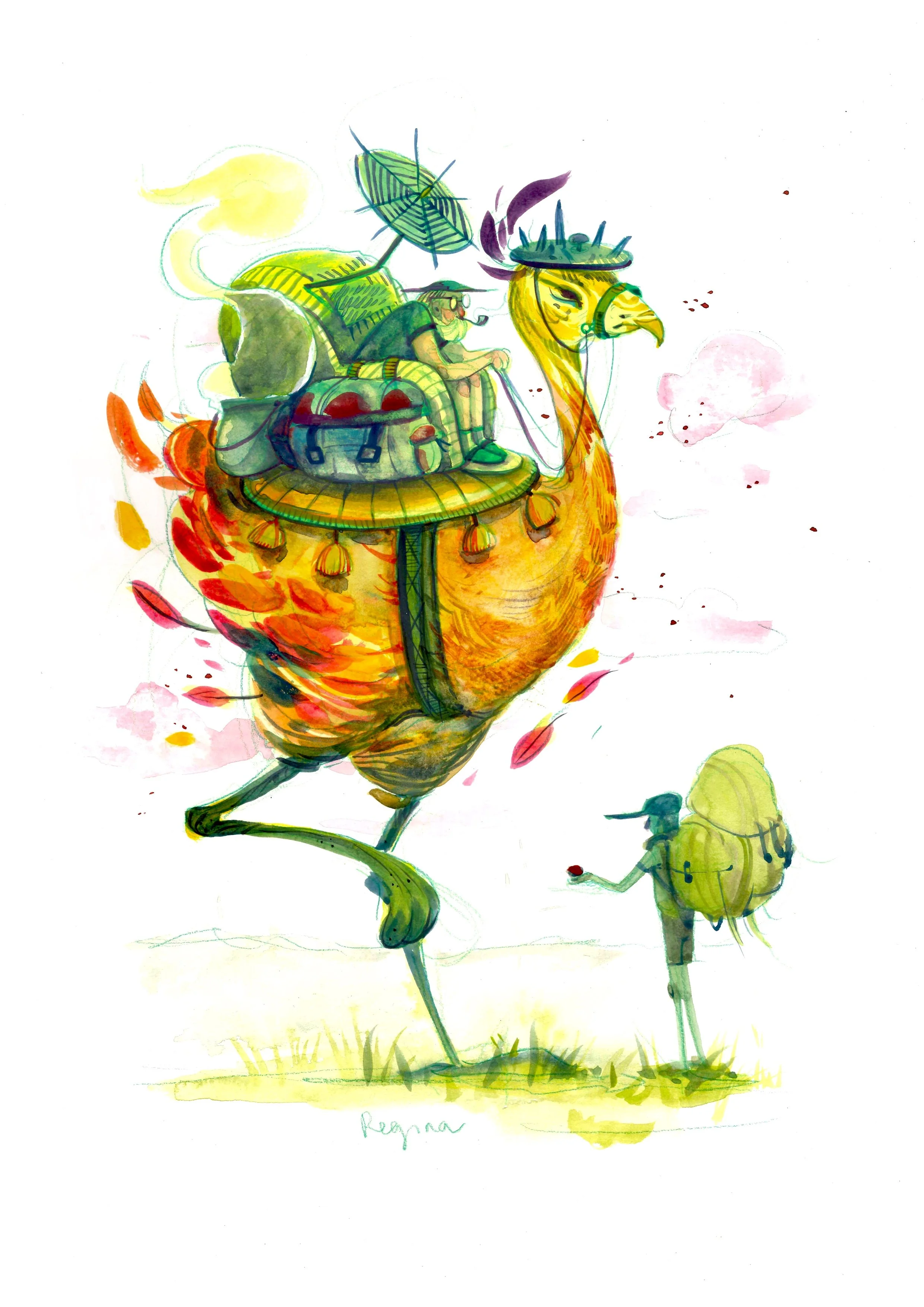 Ilustración de un ave grande y colorida con alas rojas llevando una persona sentada en su lomo, decorado con una sombrilla y objetos. En el suelo, frente al ave, hay otra figura humana con mochila sosteniendo una manzana.