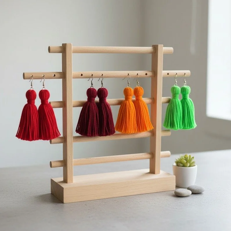 Colorful tassel earrings hanging on a wooden jewelry display stand with a small potted plant and rocks nearby.