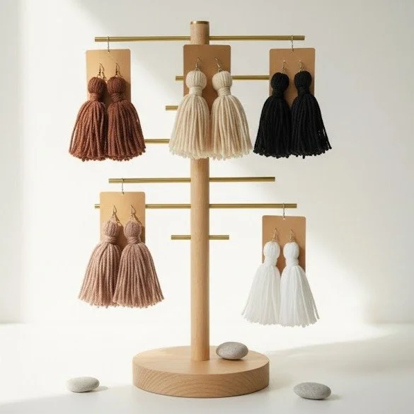Display of tassel earrings in various colors on a wooden jewelry stand with a minimalist background.