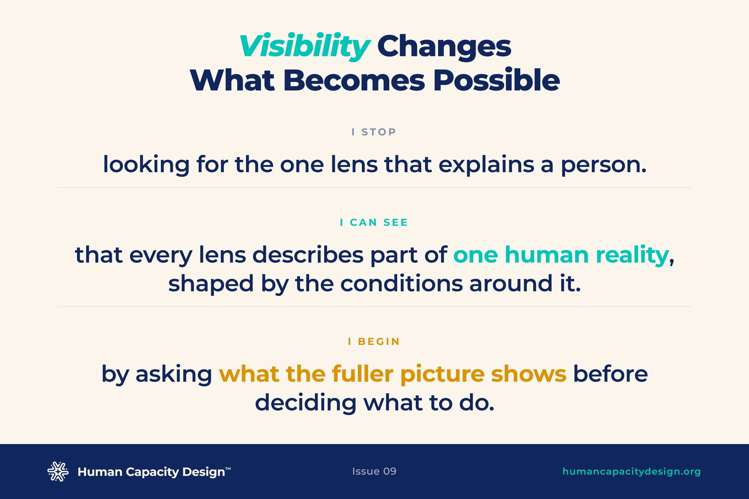 Visibility Issue 09, The Event Begins Before I Arrive: every lens describes part of one human reality, shaped by the conditions around it.