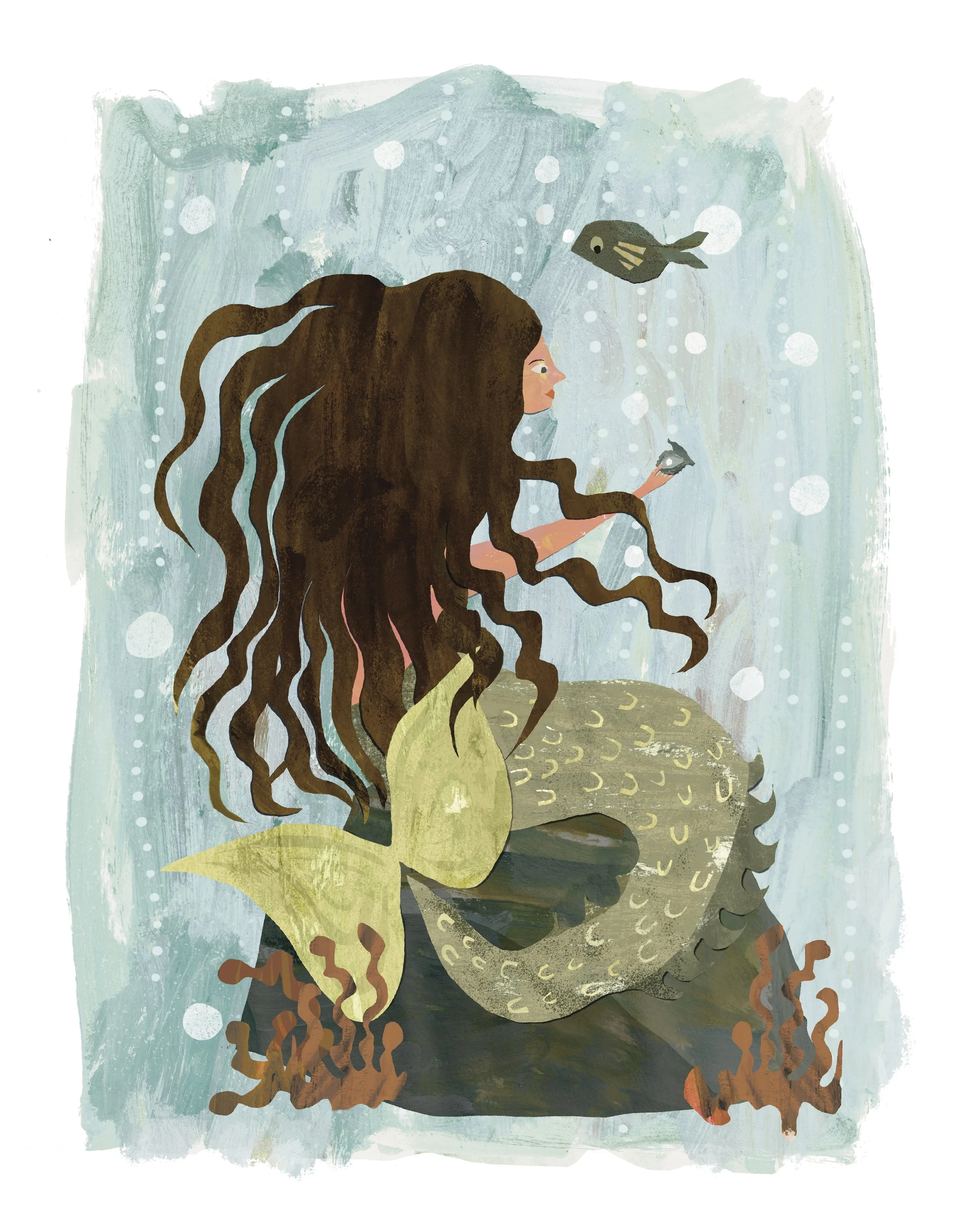 Illustration of a mermaid with long brown hair sitting underwater, holding a small fish, with a larger fish swimming above her, surrounded by bubbles and aquatic plants.