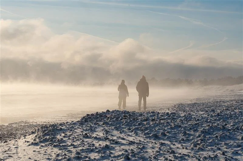 Two people walking on a snowy, icy landscape with fog and a cloudy sky.