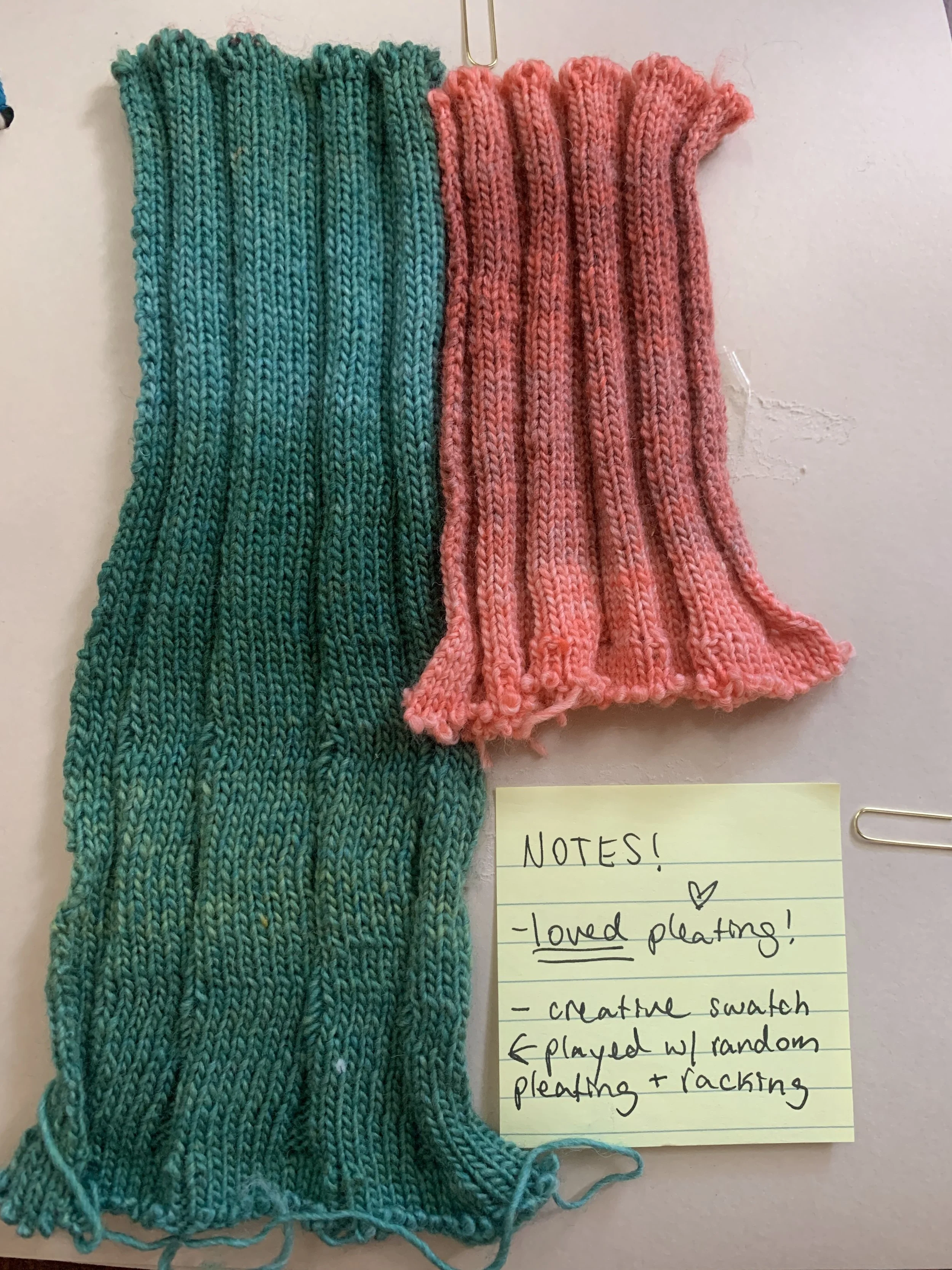 Knit swatches were created using industrial knitting machines to experiment with various technical stitches and techniques.