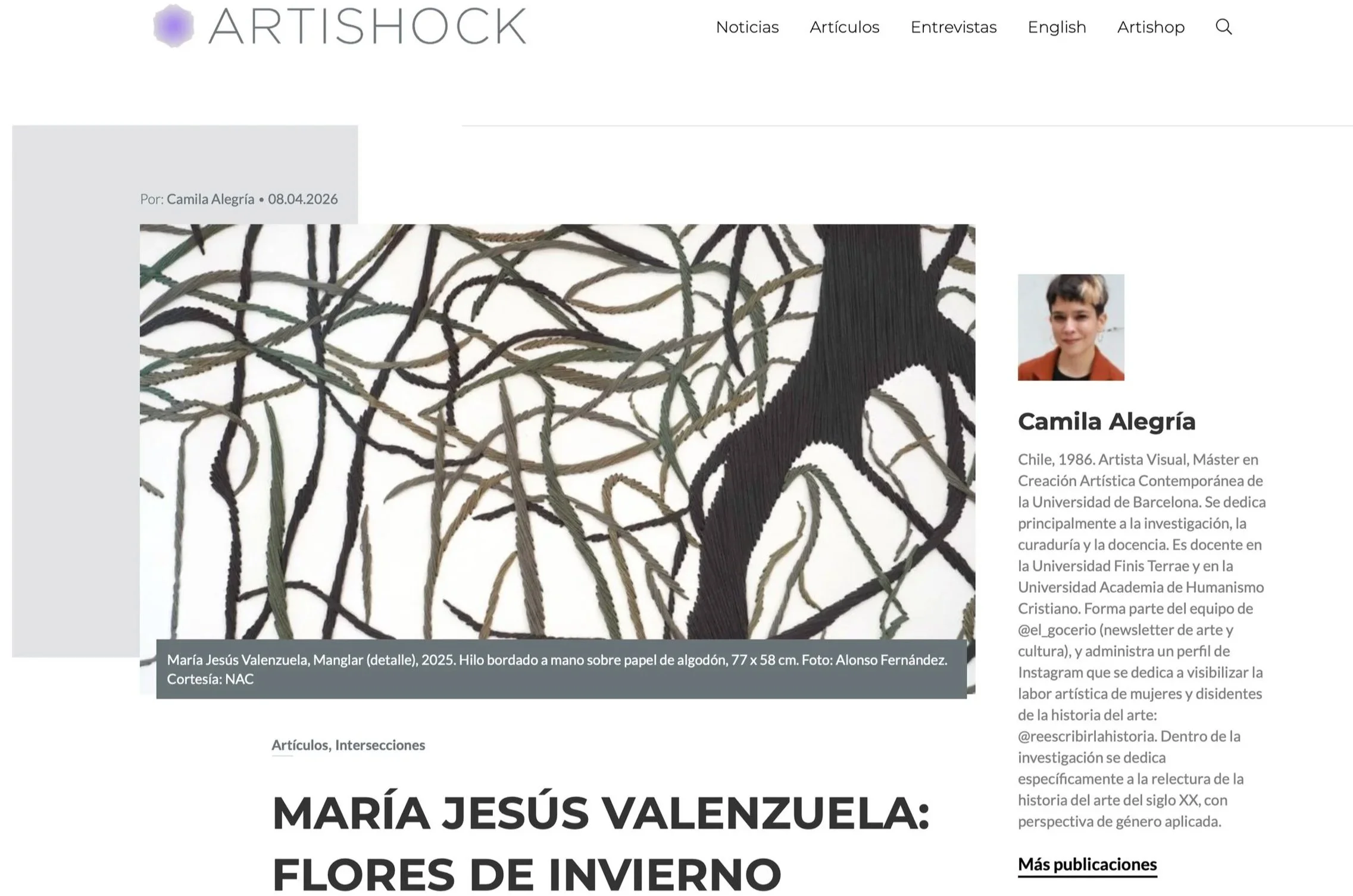 Screenshot of the Artishock website featuring an article about María Jesús Valenzuela's embroidered yarn artwork on cotton paper. Camila Alegría text. Reescribir la Historia. Arte femenino. Artista mujer. Arte Latinoamericano.