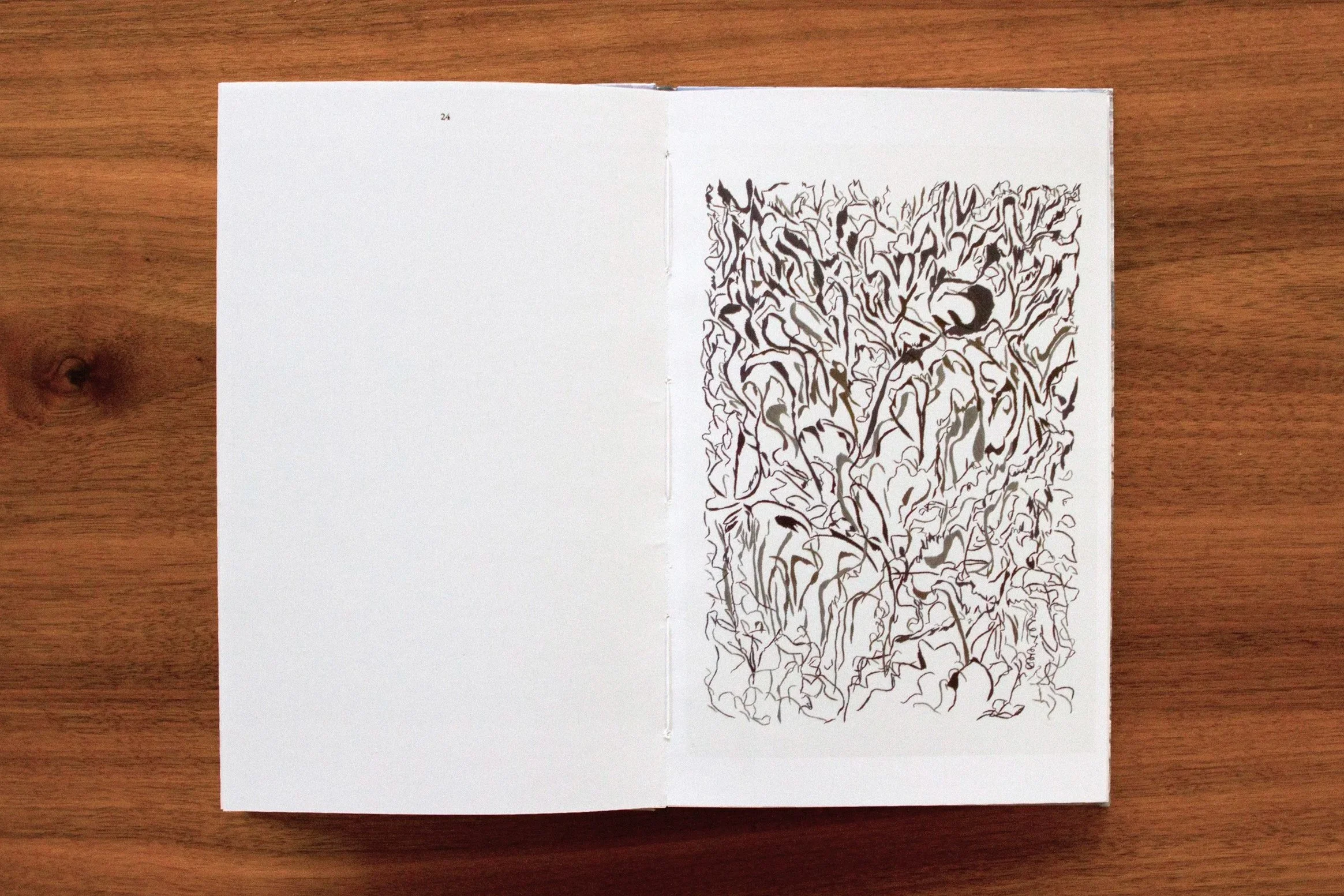 Open book on a wooden surface, with one page blank and the other page containing a dense, abstract black and white line embroid of intertwined shapes and lines. CATALOG WINTER FLOWERS / FLORES DE INVIERNO , Solo Show at Nac Gallery / Santiago, Chile