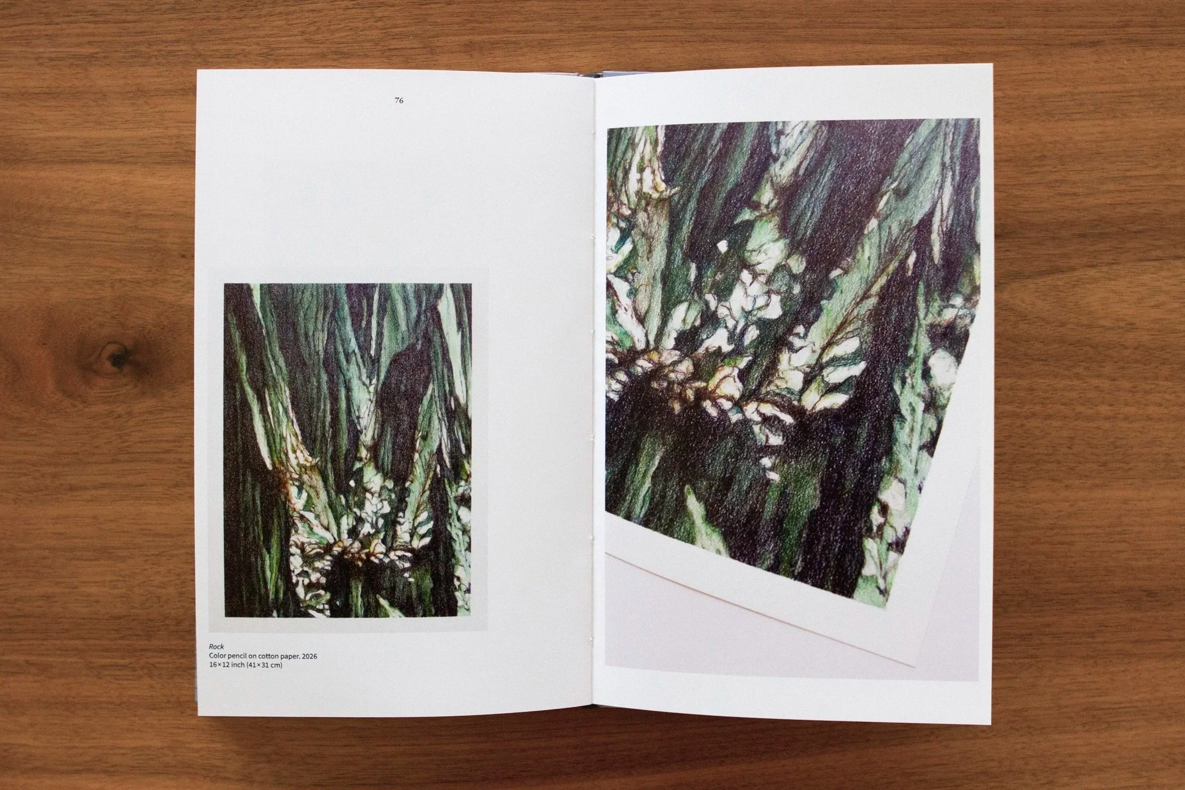 An open booklet on a wooden surface displaying two images of rocks with green and brown hues. The left page has a small description reading 'Rock, 16 x 12 inch (41 x 31 cm), Color pencil on cotton paper, 2026.'