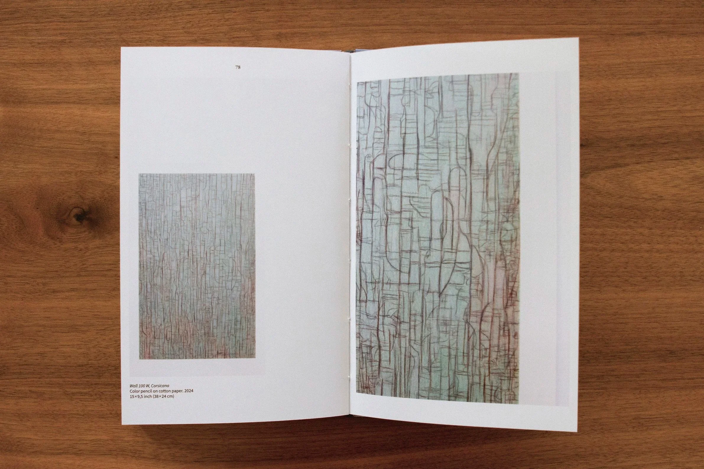 Open booklet on a wooden surface displaying two pages with abstract drawings made of colorful lines. The left page has a gray pattern, and the right page has a larger, more complex line drawing. Text at the bottom left corner indicates artwork titled 'Wall 100 W, Corsican', created in 2024, using colored pencil on cotton paper,