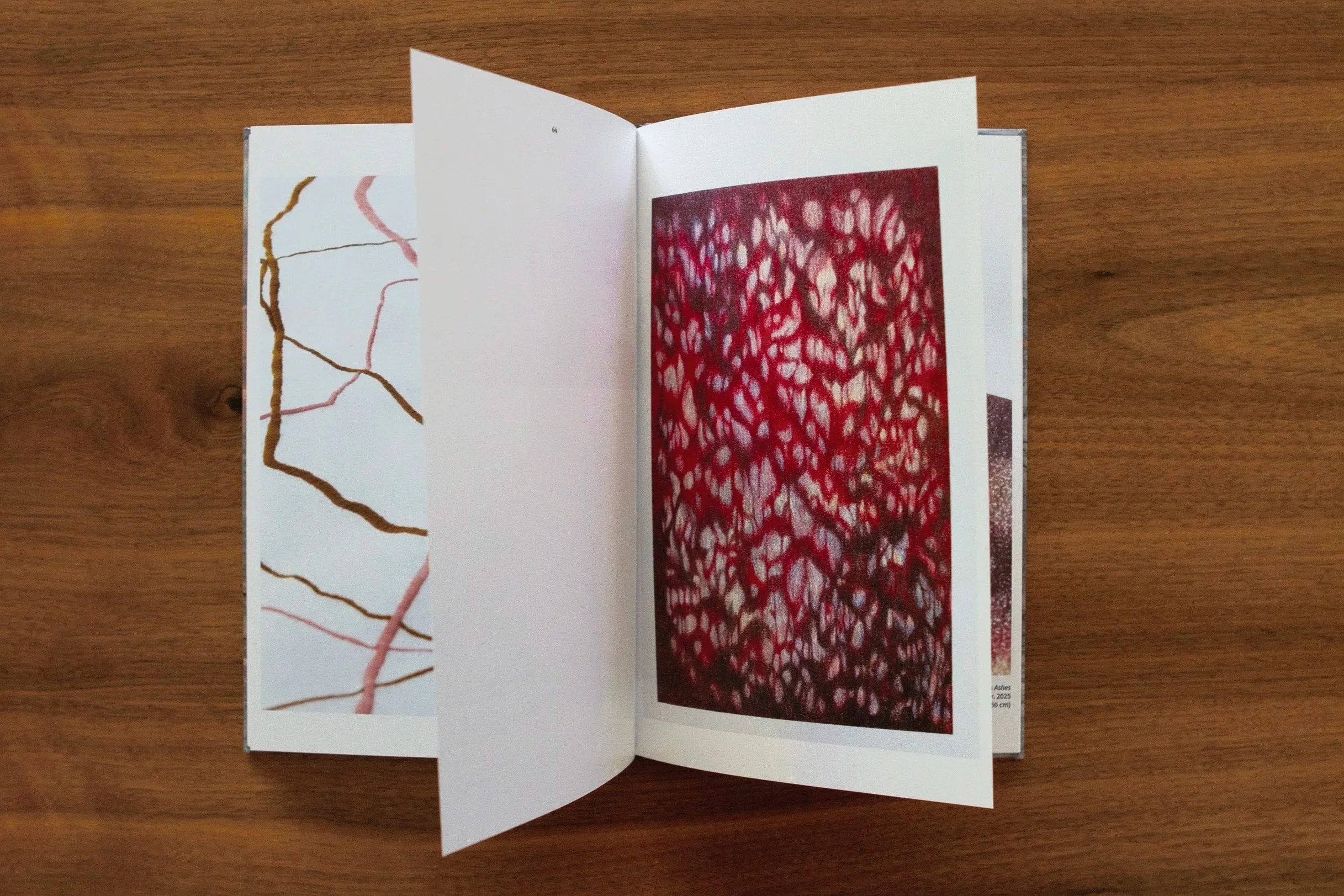 Open art book displaying colorful images on a wooden surface.