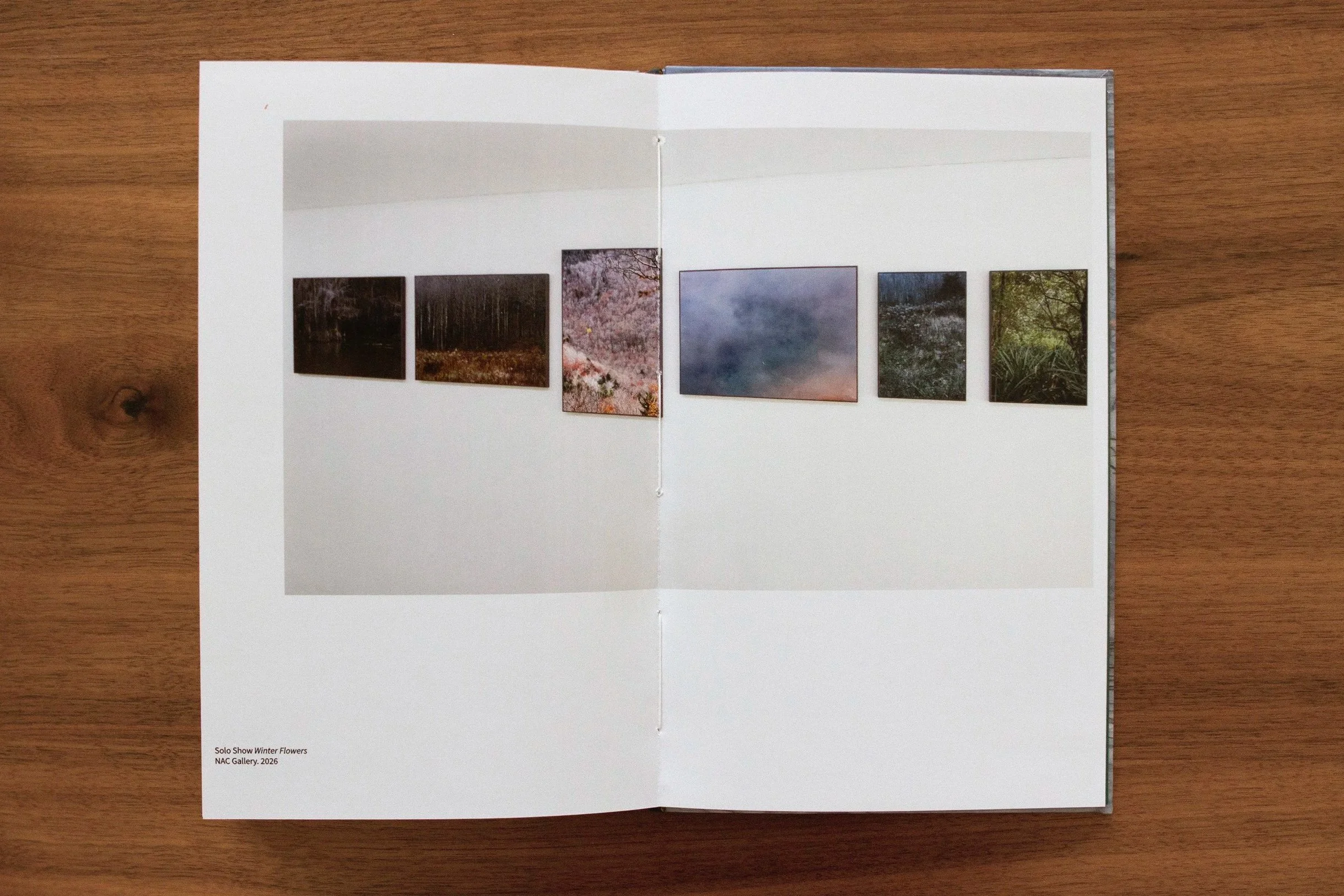 An open booklet on a wooden surface showing multiple landscape photographs of nature scenes. Caption reads: "Solo Show Winter Flowers NAC Gallery 2026."